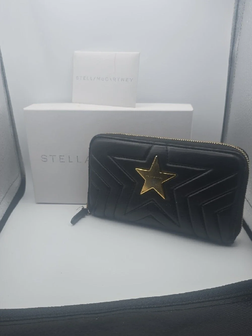 Stella McCartney Black Quilted Zip-Around Wallet with Gold Star